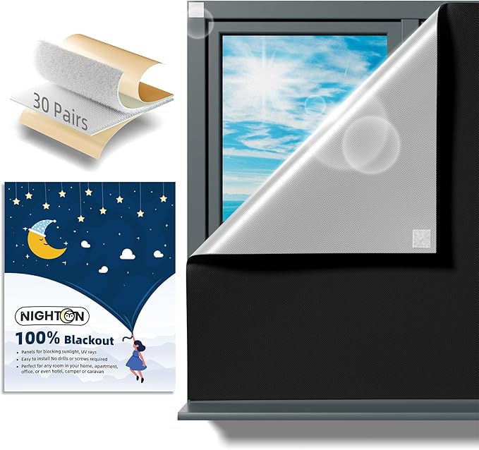 NIGHTON Portable Blackout Curtains 40"×59" Strong Hook and Loop Tape Strips with Adhesive,Black out Shades That can be Cut,100% Blackout Material Blackout Blinds for Baby Nursery or Travel-Black 2Pack