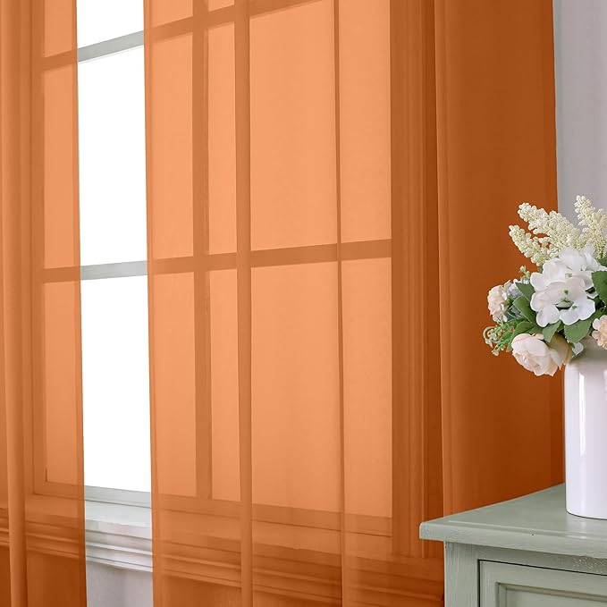 Aiyufeng Orange Sheer Curtains 96 Inches Long 2 Panels Set, Light Filtering Soft Airy Voile Rod Pocket Orange Sheer Window Drapes for Bedroom Living Room, Each 42Wx96L Inches