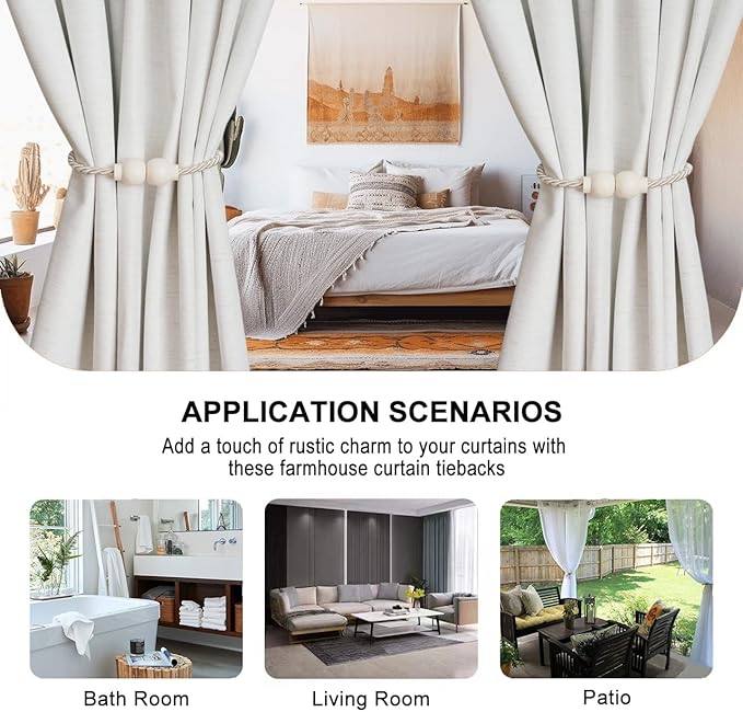 2 Pack Magnetic Curtain Tiebacks Modern Handmade Rope Curtain Tie Backs Decorative Drapes Weave Holdbacks for Home Outdoor Bedroom Office Decorative Curtain, Beige