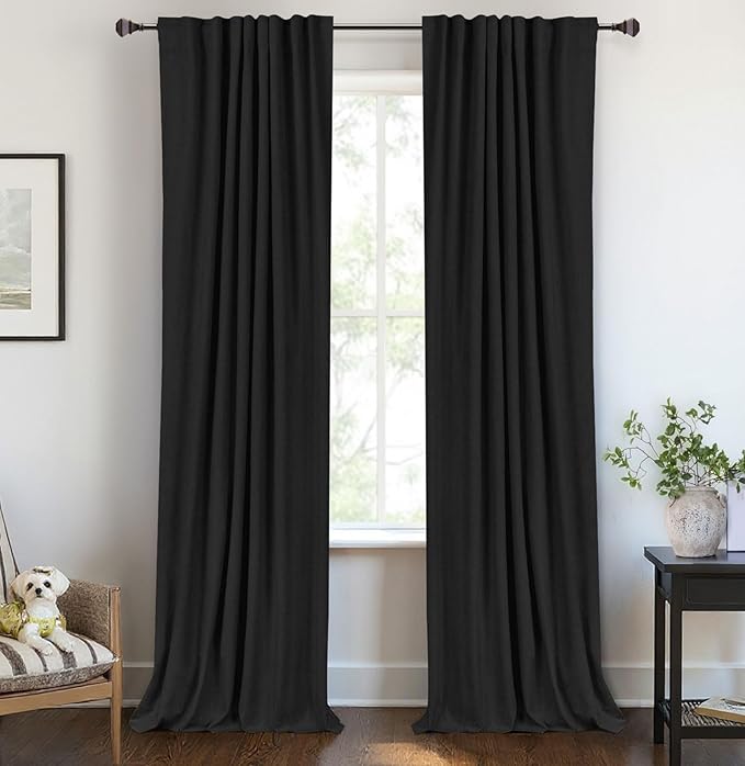 100% Blackout Shield Linen Blackout Curtains for Bedroom 84 Inches Long, Back Tab/Rod Pocket Living Room Drapes, Thermal Insulated Blackout Curtains 2 Panels Set, 50" W x 84" L, Black