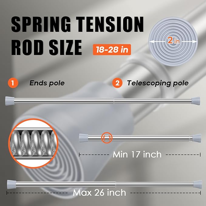 AIZESI Silver 2pcs Adjustable Spring Curtain Rods 17 to 26 Inch, Extendable Spring Tension Rod No Drilling, Non-Slip Closet Rods Tension, Durable Hanging Rods