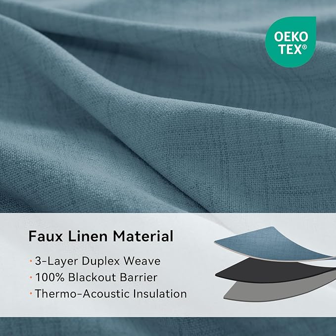 100% Blackout Shield Linen Blackout Curtains for Bedroom, Stone Blue Grommet Curtains for Living Room, Thermal Insulated Room Darkening Drapes for Nursery, Boho Home Decor, 50" W x 84" L, 2 Panels