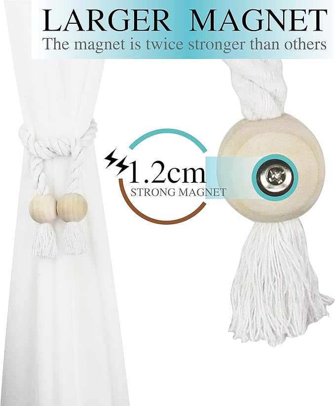 4 Pack Magnetic Curtain Tiebacks Cotton Hand Woven Tie Back Decorative Rope Holdbacks for Curtains Draperies No Tools Required, White