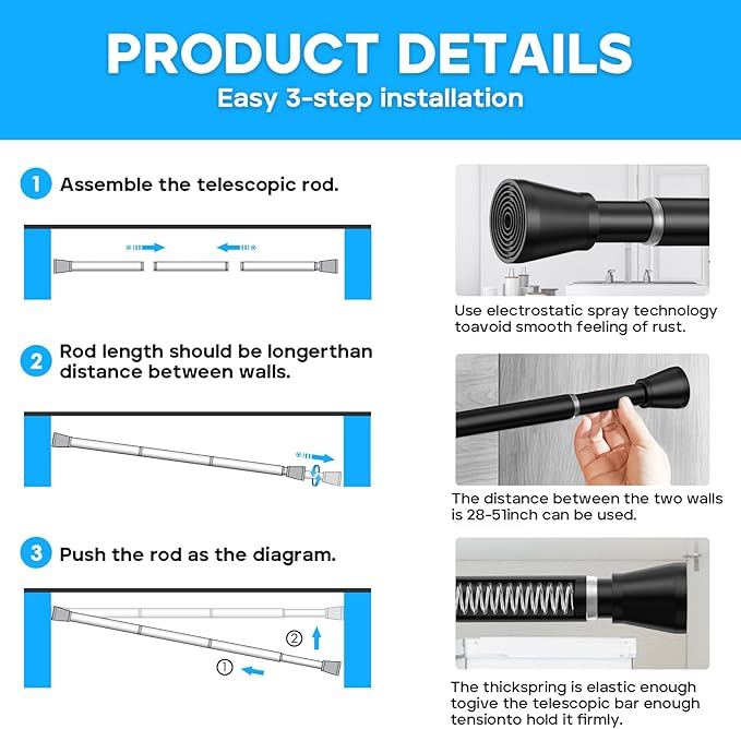 AIZESI Black Spring Tension Curtain Rods 28 to 48 Inch, Adjustable Curtain Rods No Drilling, Expandable Spring Curtains Rod, Non-slip Shower Curtain Rod for Bathroom Closet Doorway (7/8" Diameter)