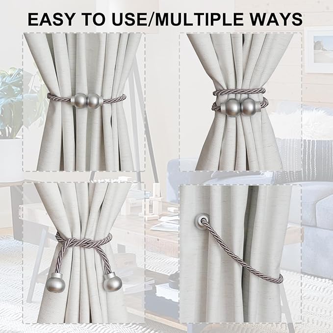 2 Pack Magnetic Curtain Tiebacks Modern Handmade Rope Curtain Tie Backs Decorative Drapes Weave Holdbacks for Home Outdoor Bedroom Office Decorative Curtain, Grey