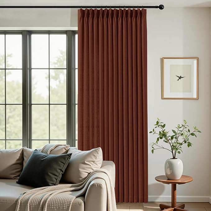 102 Inch Linen Curtains for Living Room, Pinch Pleated Curtain with Hooks Rings Rustic Textured Semi Sheer Light Filtering Pleat Drapes for Bedroom Dining Room, Chestnut Brown, 2 Panel, 40x102
