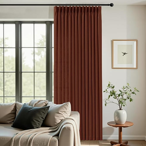102 Inch Linen Curtains for Living Room, Pinch Pleated Curtain with Hooks Rings Rustic Textured Semi Sheer Light Filtering Pleat Drapes for Bedroom Dining Room, Chestnut Brown, 2 Panel, 40x102