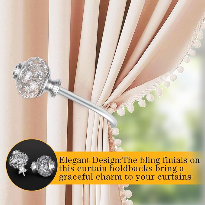 2 Pack Silver Curtain Holdbacks, USFOOK Decorative Drapery Tiebacks (2 Pack/1 Pair), Curtain Tie Back Hooks for Wall with Translucent Finials (6.1" L x 4.1" W)