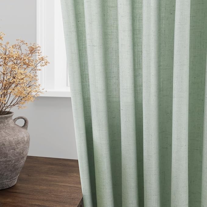 Aqua Green Linen Curtains 90 Inch Long 2 Panels Set for Bedroom Living Room Linen Textured Window Drapes Semi Sheer Light Filtering Rod Pocket Back Tab Cotton Textured Farmhouse Curtain 52x90