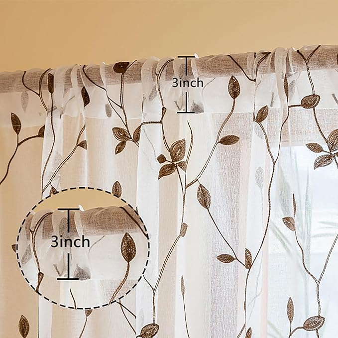 AmHoo 2 Panels Embroidered Leaf Pattern Semi Sheer Curtains Foliage Floral Voile Window Draperies Treatment for Bedroom Living Room Rod Pocket White Brown 53 x 95 Inch