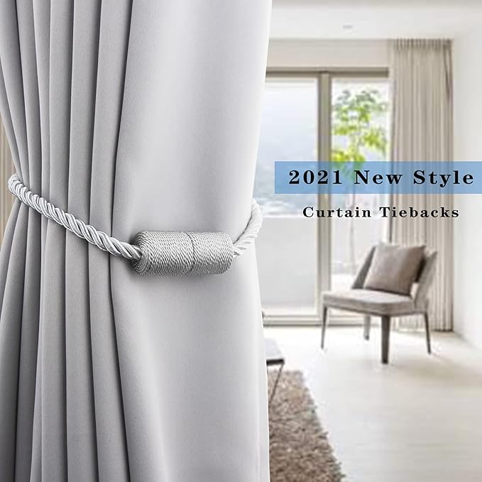 4 Pack Strong Magnetic Curtain Tiebacks Outdoor Elegant Decorative Tie Backs Modern Rope Tiebacks for Drapes Window Curtain Holdbacks for Draperies- Grey