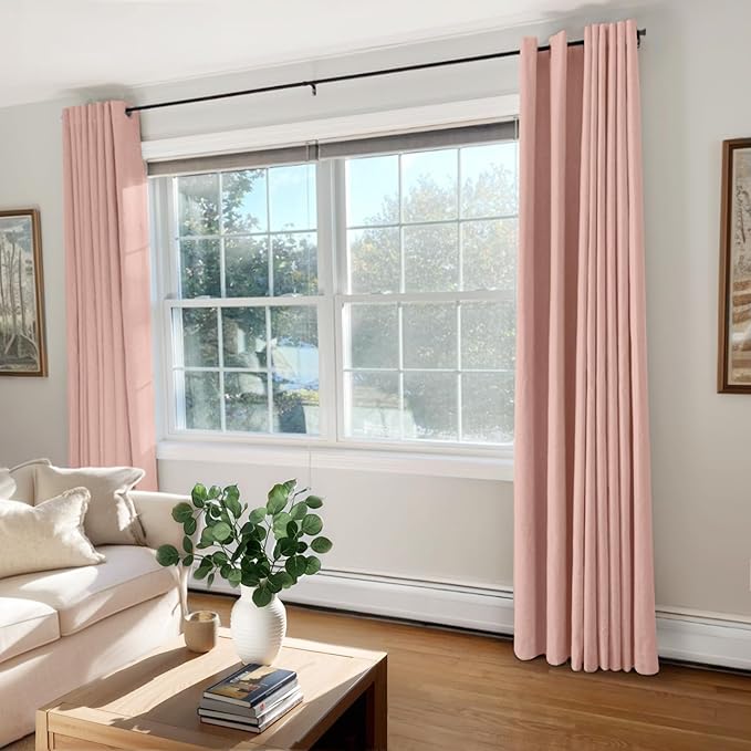 100% Blackout Shield Linen Blackout Curtains for Bedroom, Blush Pink Grommet Curtains for Living Room, Thermal Insulated Room Darkening Drapes for Nursery, Boho Home Decor, 50" W x 96" L, 2 Panels