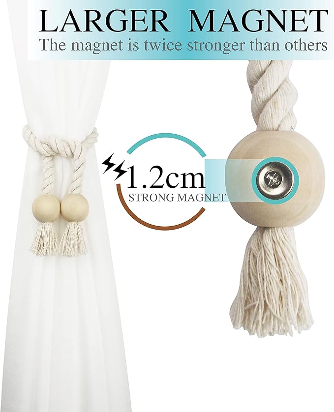 2 Pack Magnetic Curtain Tiebacks Cotton Hand Woven Tie Back Decorative Rope Holdbacks for Curtains Draperies No Tools Required, Beige
