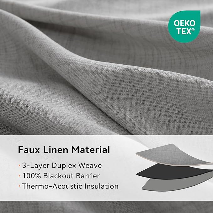 100% Blackout Shield Linen Blackout Curtains for Bedroom, Grey Grommet Curtains for Living Room, Thermal Insulated Room Darkening Drapes for Nursery, Boho Home Decor, 40" W x 45" L, 2 Panels