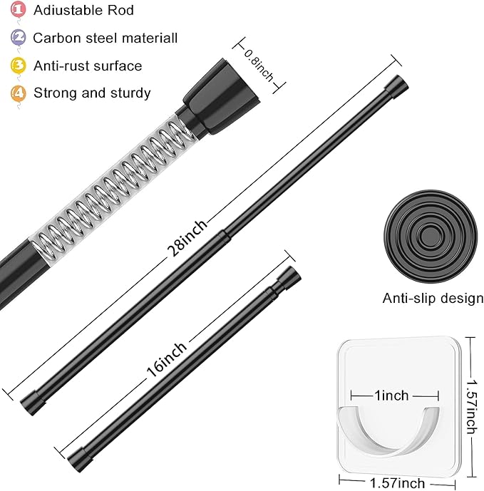 AIZESI Spring Tension Rods Adjustable Tension Curtain Rod Small Tension Rod No Drilling Expandable Spring Loaded Curtain Tension Rod（Black,18" to 28"-4Pcs)
