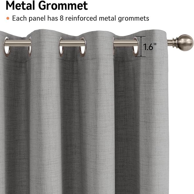 100% Blackout Shield Linen Blackout Curtains for Bedroom, Grey Grommet Curtains for Living Room, Thermal Insulated Room Darkening Drapes for Nursery, Boho Home Decor, 40" W x 45" L, 2 Panels