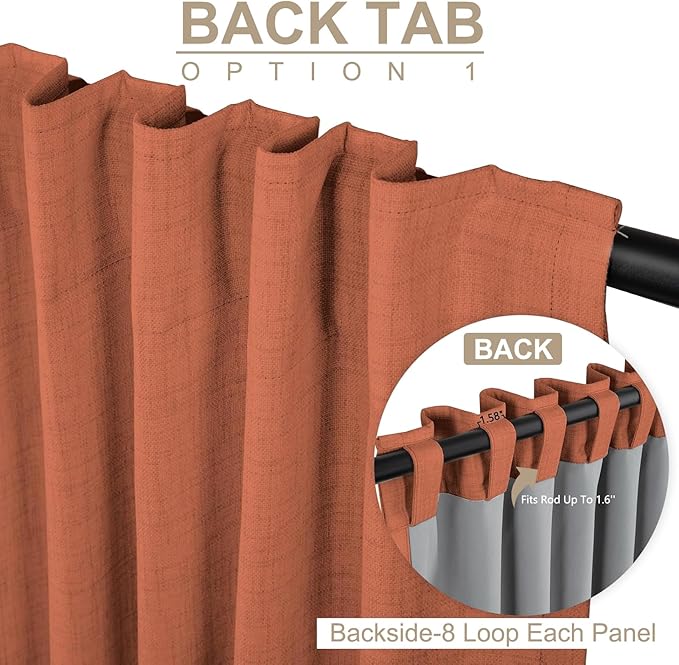 100% Blackout Shield Linen Blackout Curtains for Bedroom 84 Inches Long, Back Tab/Rod Pocket Living Room Drapes, Thermal Insulated Blackout Curtains 2 Panels Set, 50" W x 84" L, Burnt Orange