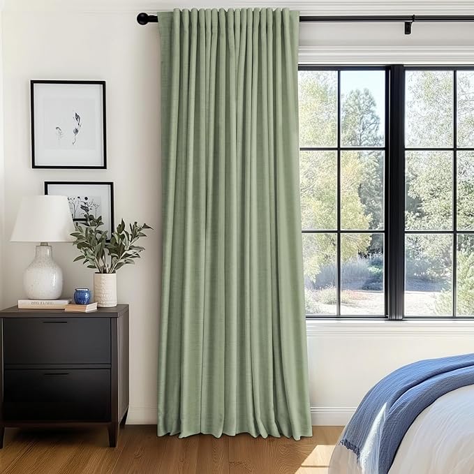 100% Blackout Shield Linen Blackout Curtains for Bedroom 90 Inches Long, Back Tab/Rod Pocket Living Room Drapes, Thermal Insulated Blackout Curtains 1 Panel Set, 100" W x 90" L, Sage