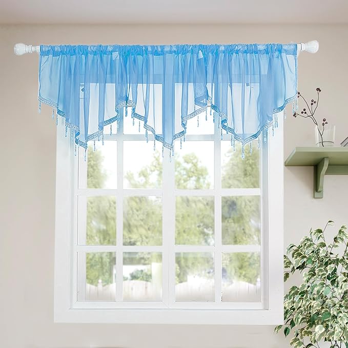 Molaxhome Lace Valance Swag Curtain 51 Inch Scalloped Sheer Curtain Panels with Crystal Beads - Rod Pocket Farmhouse Window Treatment for Kitchen Bedroom 1pc Boho Chic Drape Decor Blue
