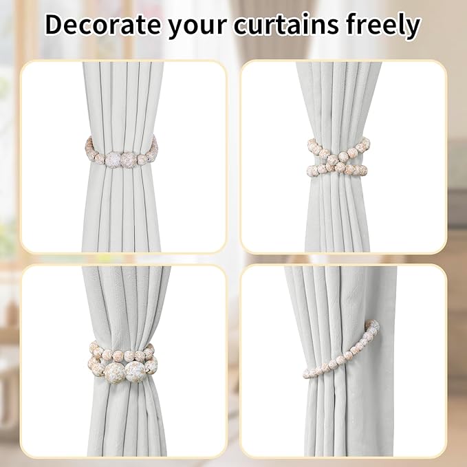 Magnetic Curtain Tiebacks, 2 Pack Curtain Holdbacks for Draperies, Wood Bead Curtain Tiebacks, Elegant Curtain Tie Backs for Bedroom Decor, Boho Room Decor, Nursery Decor, Farmhouse Decor