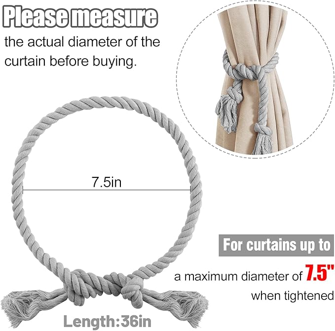 4 Pcs Hand Woven Curtain Tiebacks No Drilling - Boho Drape Holdbacks Rope for Black Blue Grey Light Color Curtains, Decorative Ties for Outdoor Yard Garden Farmhouse Drapery, Grey