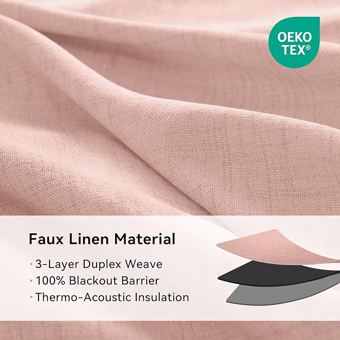 100% Blackout Shield Linen Blackout Curtains for Bedroom, Blush Pink Grommet Curtains for Living Room, Thermal Insulated Room Darkening Drapes for Nursery, Boho Home Decor, 50" W x 72" L, 2 Panels
