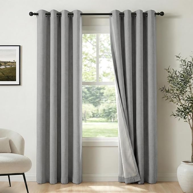 100% Blackout Shield Total Blackout Curtains Faux Linen Textured Thermal Insulated Grommet Singal Layer Window Curtains for Bedroom/Living Room(50"W x 63"L, 2 Panels, Gray)