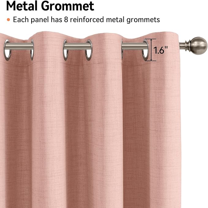 100% Blackout Shield Linen Blackout Curtains for Bedroom, Blush Pink Grommet Curtains for Living Room, Thermal Insulated Room Darkening Drapes for Nursery, Boho Home Decor, 50" W x 108" L, 2 Panels