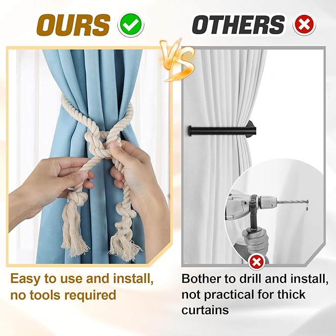 4 Pcs Hand Woven Curtain Tiebacks No Drilling - Boho Drape Holdbacks Rope for Black Blue Light Color Curtains, Decorative Ties for Outdoor Yard Garden Farmhouse Drapery, Beige