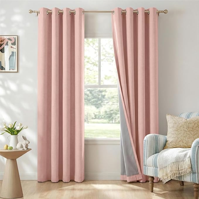 100% Blackout Shield Linen Blackout Curtains for Bedroom, Blush Pink Grommet Curtains for Living Room, Thermal Insulated Room Darkening Drapes for Nursery, Boho Home Decor, 50" W x 90" L, 2 Panels