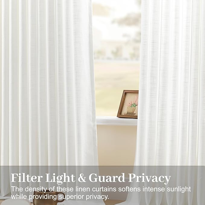 102 Inch Linen Pleated Curtains for Living Room, Pinch Pleated Curtain with Rings Hooks Semi Sheer Light Filtering Memory Trained Window Drapes for Bedroom Dining Room, 40W, Snow White, 2 Panel