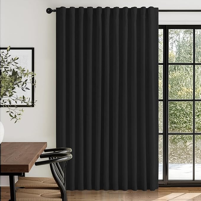 100% Blackout Shield Linen Blackout Curtains for Bedroom 90 Inches Long, Back Tab/Rod Pocket Living Room Drapes, Thermal Insulated Blackout Curtains 1 Panel Set, 100" W x 90" L, Black