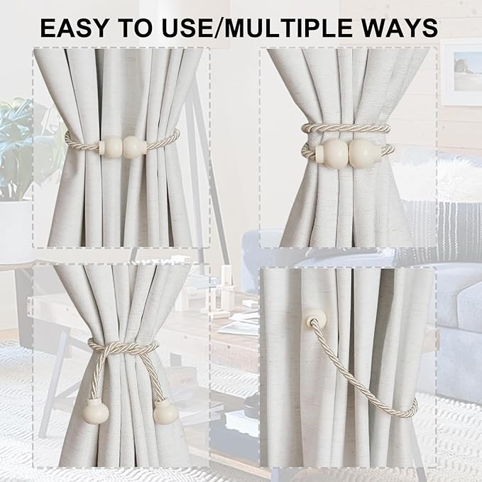 2 Pack Magnetic Curtain Tiebacks Modern Handmade Rope Curtain Tie Backs Decorative Drapes Weave Holdbacks for Home Outdoor Bedroom Office Decorative Curtain, Beige