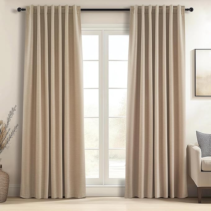 102 Inch Long Blackout Curtains for 2 Panels,Energy Efficinet Room Darkening Linen Blend Textured Curtains with Hooks,Track System Black Out Curtains for Living Room Bedroom,2 Panels, Tan Taupe