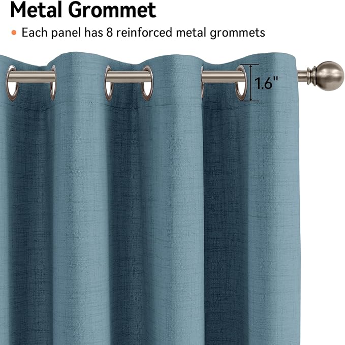 100% Blackout Shield Linen Blackout Curtains for Bedroom, Stone Blue Grommet Curtains for Living Room, Thermal Insulated Room Darkening Drapes for Nursery, Boho Home Decor, 50" W x 96" L, 2 Panels
