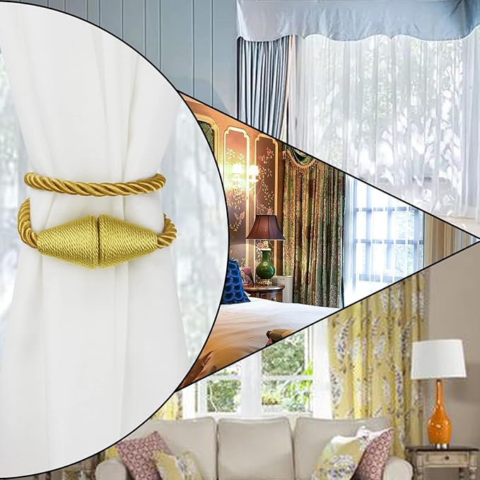 2 Pack Magnetic Curtain Tiebacks Rope Modern Handmade Curtain Tie Backs Decorative Drapes Weave Holdbacks for Window Décor, Gold