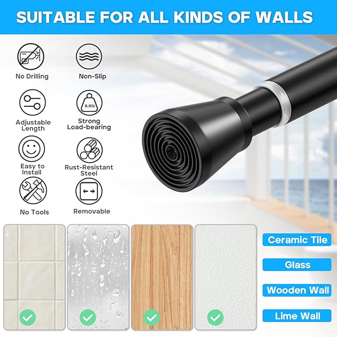 AIZESI Black Spring Tension Curtain Rods 28 to 48 Inch, Adjustable Curtain Rods No Drilling, Expandable Spring Curtains Rod, Non-slip Shower Curtain Rod for Bathroom Closet Doorway (7/8" Diameter)