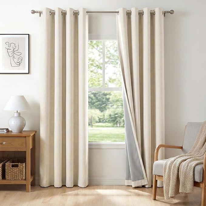 100% Blackout Shield Linen Blackout Curtains for Bedroom, Butter Cream Grommet Curtains for Living Room, Thermal Insulated Room Darkening Drapes for Nursery, Boho Home Decor, 50" W x 84" L, 2 Panels