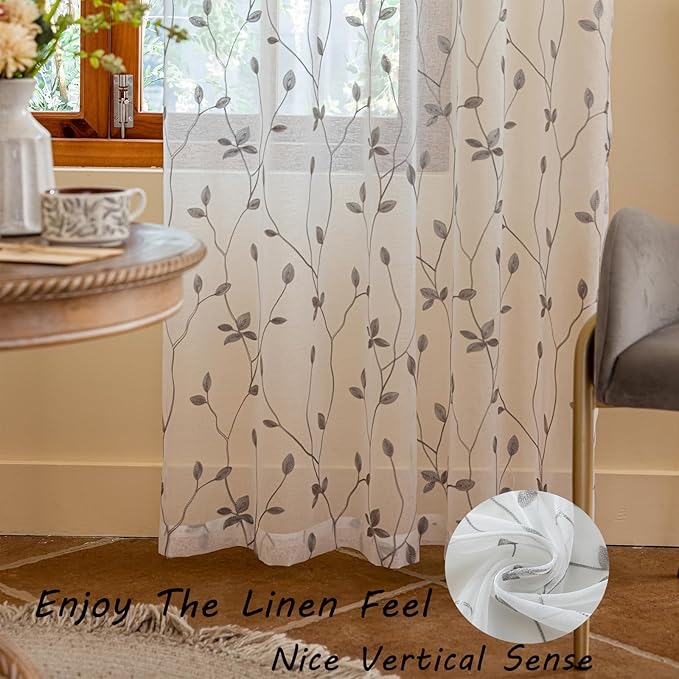 AmHoo 2 Panels Embroidered Leaf Pattern Semi Sheer Curtains Foliage Floral Voile Window Draperies Treatment for Bedroom Living Room Rod Pocket White Light Gray 53 x 84 Inch