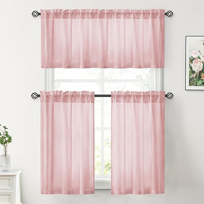 HOMEIDEAS Non-See-Through Light Pink Privacy Sheer Curtains, 30 X 24 Inches Long 2 Panels Sheer Curtains Light Filtering Window Drapes for Bedroom Living Room