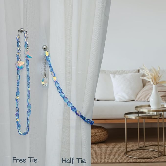 PEDOBO Magnetic Curtain Tiebacks, 2 Pack Crystal Beaded Sun & Moon Pendants Sheers/Draperies Holdbacks for Window Home Office Decor (Blue)