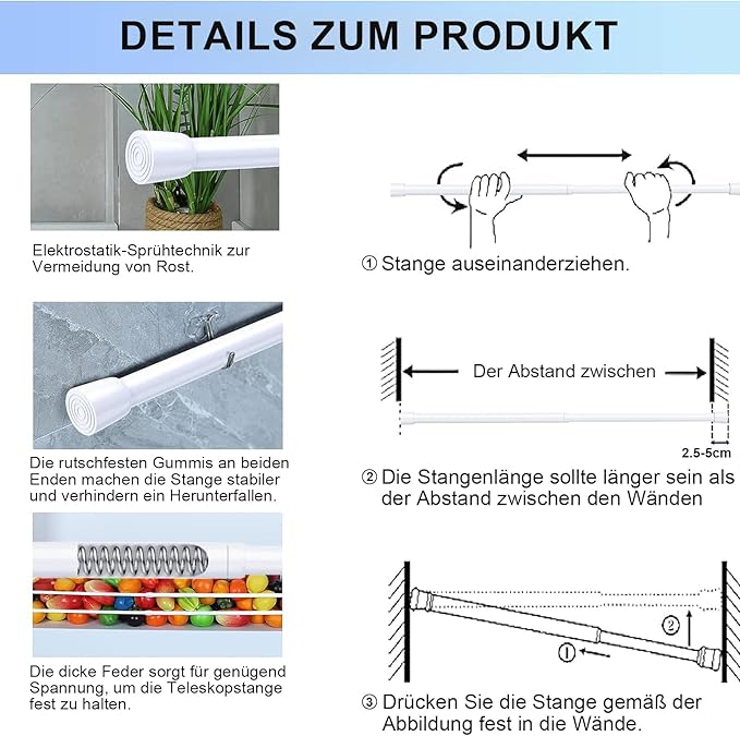 AIZESI Spring Tension Rods Adjustable Tension Curtain Rod Small Tension Rod No Drilling Expandable Spring Loaded Curtain Tension Rod（White,26" to 39"-6Pcs)