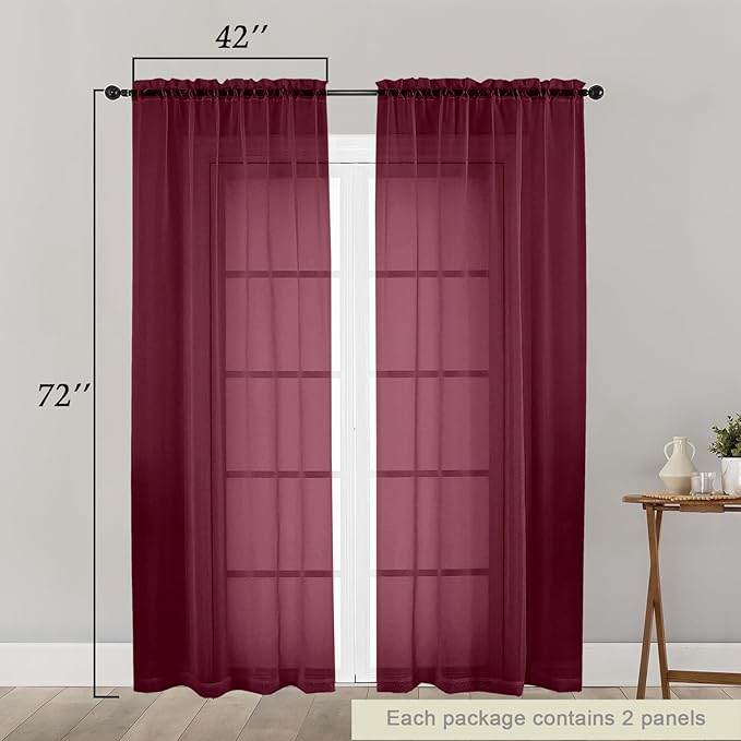 Burgundy Sheer Curtain for Bedroom Living Room 72 Inches Long 2 Panels Set, Solid Soft Airy Light Filtering Sheer Window Curtains, Modern Rod Pocket Door Curtain, Burgundy, 42" Wx72 L Inches