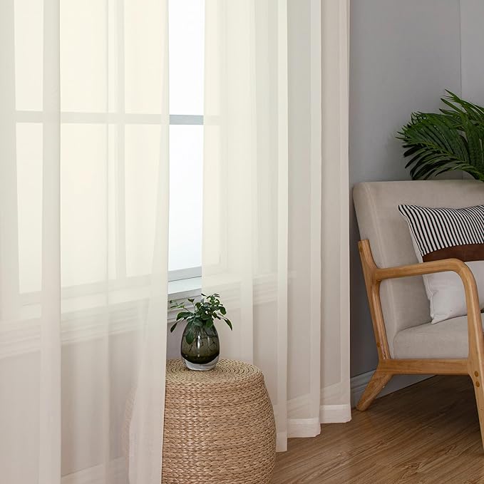 Aiyufeng Cream Sheer Curtains 45 Inch Length 2 Panels Set for Living Room, Light Filtering Green Window Sheers Drapes for Bedroom, Each 42" W x 45" L