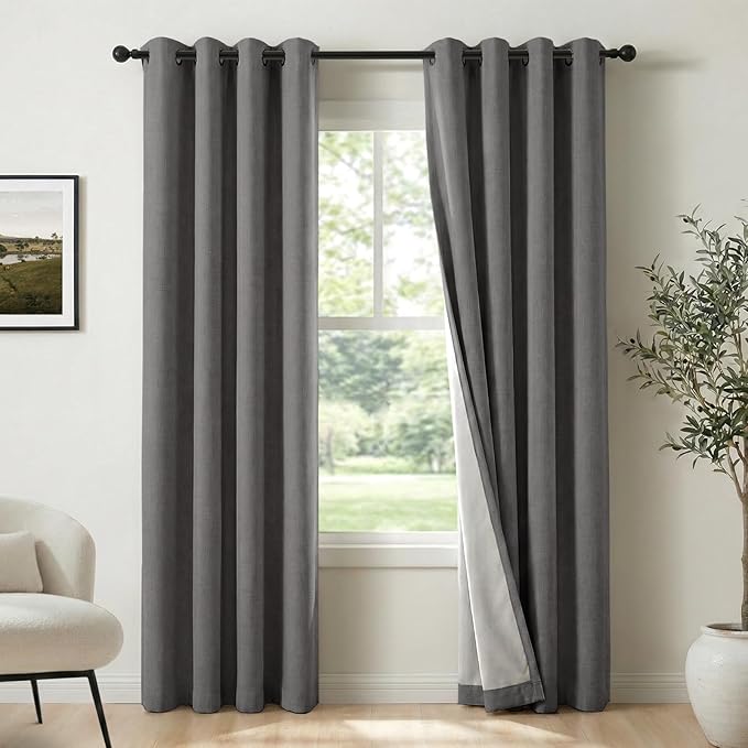 100% Blackout Shield Linen Blackout Curtains for Bedroom, Dark Gray Grommet Curtains for Living Room, Thermal Insulated Room Darkening Drapes for Nursery, Boho Home Decor, 50" W x 90" L, 2 Panels