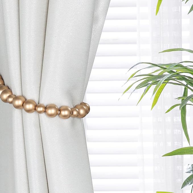 2 Pieces Wood Bead Curtain Tieback Boho Curtain Tiebacks Curtain Holdbacks for Wall Curtain Ties Window Treatment Curtain Tie Backs with Hooks Curtain Pull Backs (Gold,2)