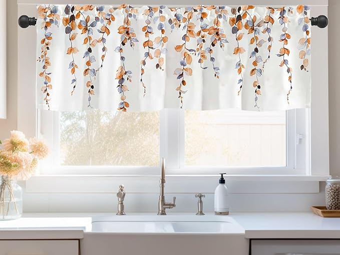 2 Pack Watercolor Orange Leaves Window Valance for Bedroom Living Room, Fall Leaf Curtains Valanes for Windows, 3" Rod Pocket Window Treatment for Autumn Home Decorations, 54 x 18 Inch, 2 Panel