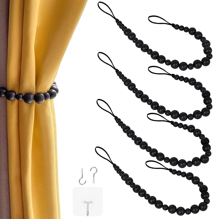 4 Pieces Wood Bead Curtain Tieback Boho Curtain Tiebacks Curtain Holdbacks for Wall Curtain Ties Window Treatment Curtain Tie Backs with Hooks for Bedroom Wall Dining(Black Color, 4)