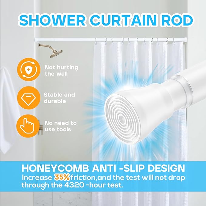 AIZESI Shower Rod 34-59 Inch - Non-Slip, No Drill spring curtain tension rod Never Rust Adjustable Tension Curtain Rod, White Shower Curtain Rod