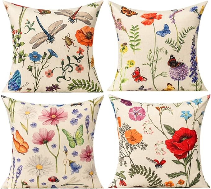 All Smiles 16 x 16 Throw Pillow Covers Outdoor Spring Summer Garden Flowers Farmhouse Outside Furniture Bench Decorative Swing Cushion Set of 4 for Patio Sofa Couch Chair